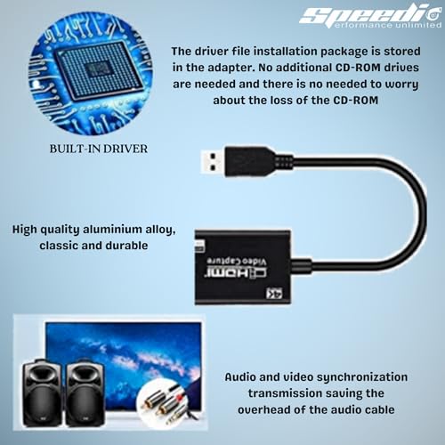 Image of Speedio HDMI Video Capture Card, 4K HDMI to USB 1080P Capture Adapter for Streaming, Recording & Live Broadcasting, Compatible with OBS, Windows, Mac, Linux, Camera, DSLR, Gaming Console- Pack of (1)