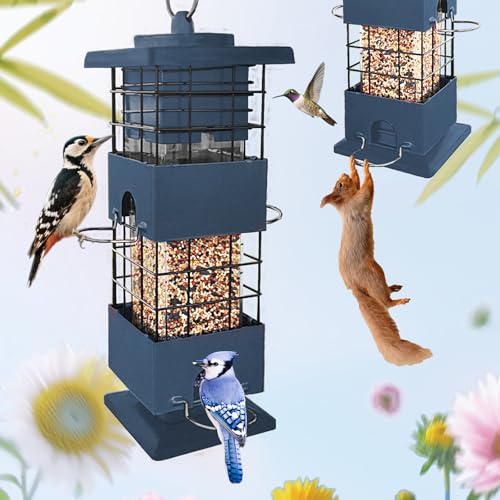 Squirrel Proof Bird Feeder for Outdoors Hanging,3Lbs Metal Birdfeeders Squirrel Proof with 4 Feeding Ports for Outside, Birdseed Feeder for Cardinal, Finch, Sparrow,Bluejay (Blue)