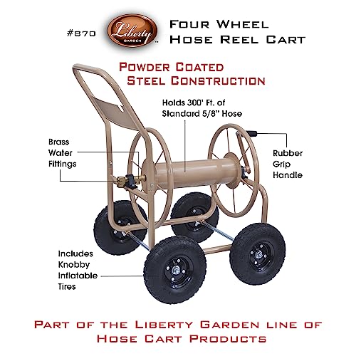 Liberty Garden Industrial 4 Wheel 300 Foot of 0.625 Inch Hose Steel Frame Water Hose Reel Cart for Backyard, Garden, or Lawn, Beige