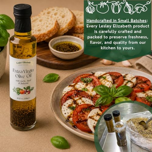 Image of Lesley Elizabeth Extra Virgin Olive Oil with Garlic, Basil & Balsamic, 8.5 fl oz - Small-Batch Herb-Infused EVOO for Dipping, Drizzling, Dressings & Everyday Cooking - All-Natural, Plant-Based Ingredients