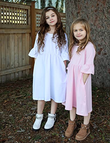 Arshiner Big Girls Swing Dress Dusty Pink Bell Sleeves Hight Waist Round Neck Basic Tunic Dresses For 8-9 Years #TOP3