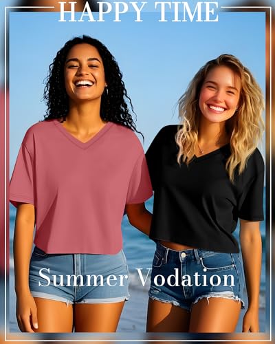 Ficerd 3 Pack Cotton Women's V Neck Crop Tops Half Sleeve Drop Shoulder Basics Cropped Top Boxy Tees for Girls4