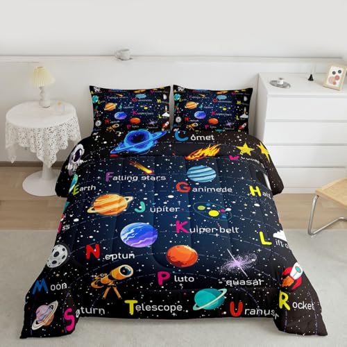 Image of Feelyou Alphabet Outer Space Astronaut Bedding Set Full Size, ABC Planet Comforter Set Kids Toddler Galaxy Comforter ABC Alphabet Learning Duvet Set Durable Bed Set 3Pcs
