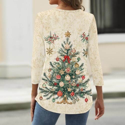 Image of Women Christmas Shirt 3 /4 Length Sleeve Henley Tops Xmas Outfits