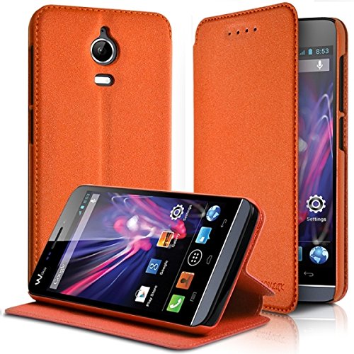 KARYLAX Seluxion - Housse Coque Etui à Rabat latéral Fonction Support Couleur Orange pour Wiko Wax 4G + Film de Protection