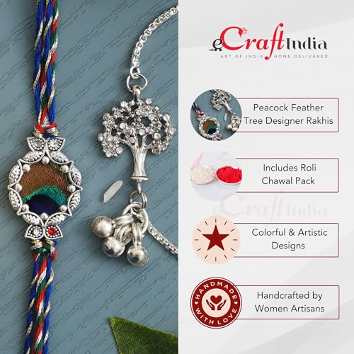 Image of eCraftIndia Set of 2 Colorful Peacock Feather and Tree Design Bracelet Silver Rakhi for Brother and Bhabhi with Best Bro Ever Fridge Magnet and Roli Chawal Pack