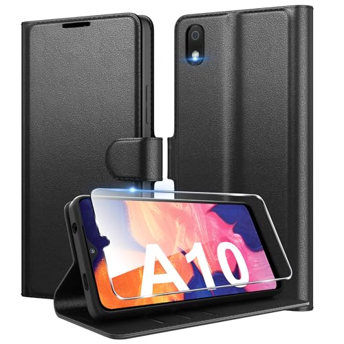 Eirltiy Cover per Samsung Galaxy A10 Portafoglio Pelle PU Premium, Custodia Scomparti Carte Antiurto Protettiva Case con 1 Vetro Temperato, Nero