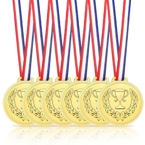 VIVIIHOO Medallas de cumpleaños Infantiles – Juego de 6 Plásticos de Oro de Metal para Regalos, día Deportivo y competiciones de Juegos, medallas para niños con Cintas, Grabado de trofeos(plástico)