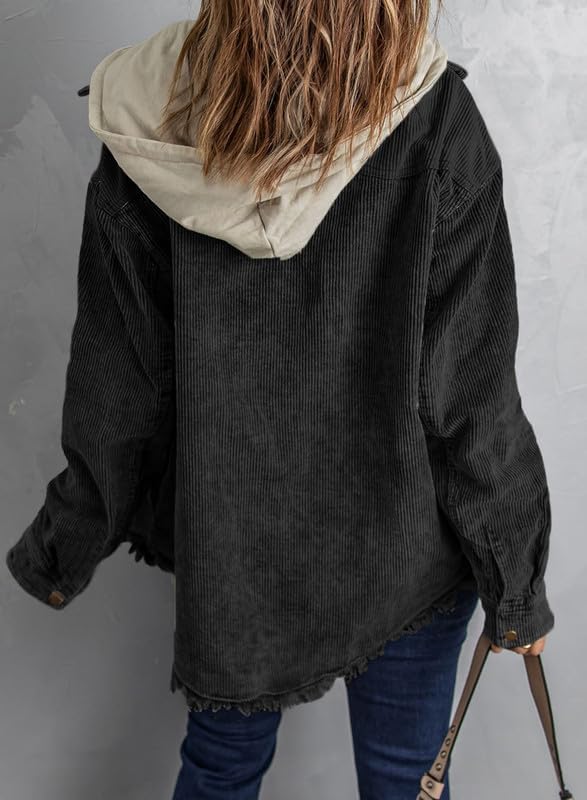 Dokotoo Womens 2025 Fall Corduroy Shacket Jacket Long Sleeve Button Down Color Block Hooded Coat with Pockets3