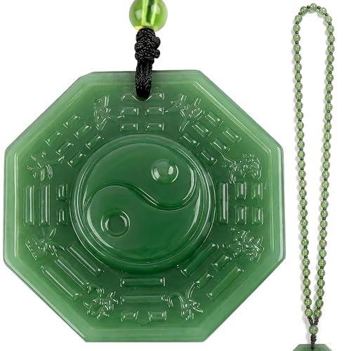 Chiorgone Bagua Yin Yang Pendant Necklace, Green Jade‑Look Glass Feng Shui Protection Amulet with Beaded Cord, Single‑Sided Carving, Unisex, 1 Pack