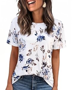 SENBATU T Shirt Damen Sommer Tops Für Damen Oberteile Rundhals Business Bluse Top Shirt Kurzarm T-Shirt Locker Blumenmuster Weiß Groß L 42-44