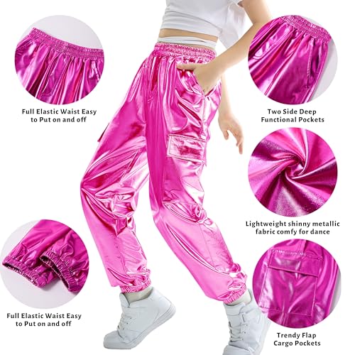 Image of Rolanko Girls Shiny Metallic Cargo Pants, Sparkle Jogger Pants for Girls Hip Hop Dance Streetwear Cargo Trousers 6-15 Years