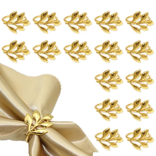 16 Pieces Rond de Serviette en Métal, Doré Anneau Serviette Forme de Feuille de Table, Ronds et Porte-Serviettes pour Mariage Anniversaire Dîner Décoration