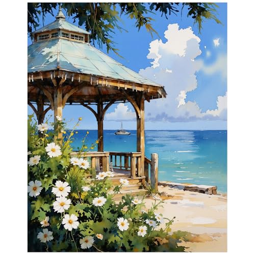 EnLvYY Beach Gazebo Paint by Numbers for Adults, 16x20in, DIY Acrylic Painting Kit on Canvas, Seaside Ocean Landscape with Flowers and Boat, No Frame Beginner Art Gift for Friends and Family