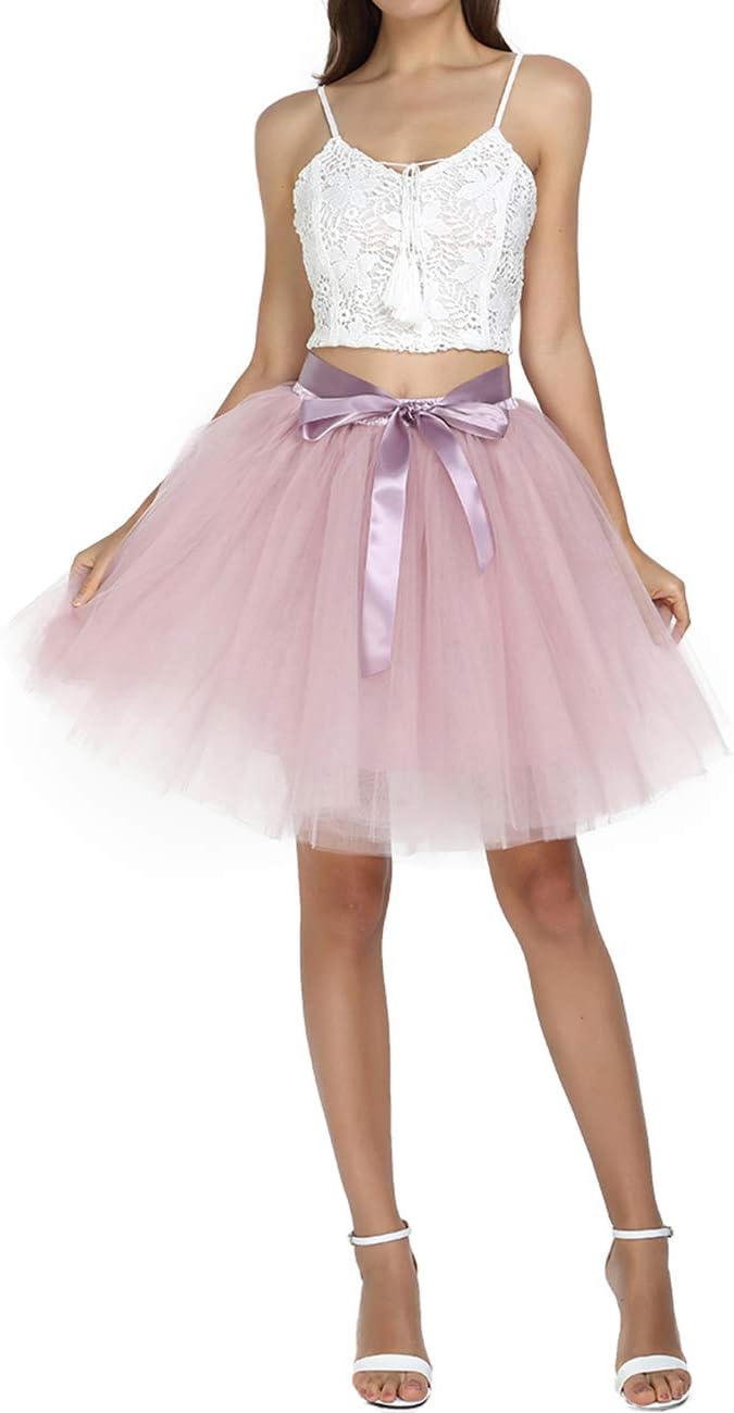 Women's Above Knee High Waist Tutu Tulle Skirt Adult Dance Petticoat for Bridal Shower Ball Gown, Dusty Pink, Free Size