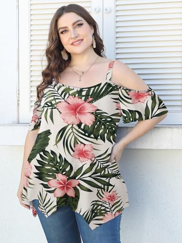 Image of LARACE Cold Shoulder Tops for Womens Summer Clothes Spaghetti Strape Tunic Oversized Shirts Asymmetrical Plus Size Blouse