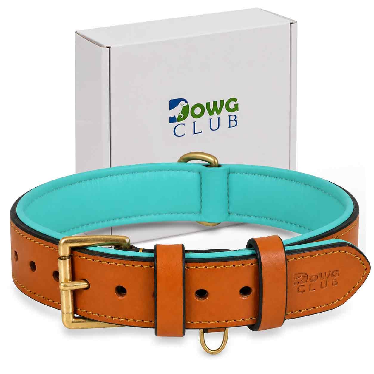 DowgClub Genuine Leather Dog Collar, Tan, Medium, Soft Leather Padding