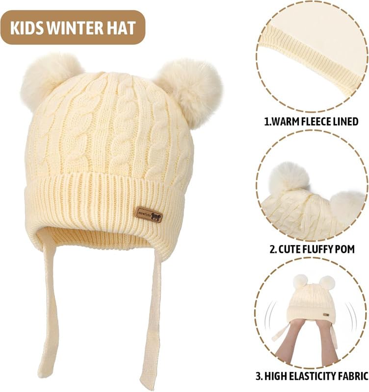 MIKONIKO Kids Winter Hat Scarf Set for Girls & Boys | Toddler Knit Beanie Cap & Neck Warmer | Warm Fleece Lined | Soft & Comfortable | 2–6 Years White, 1 Count 3