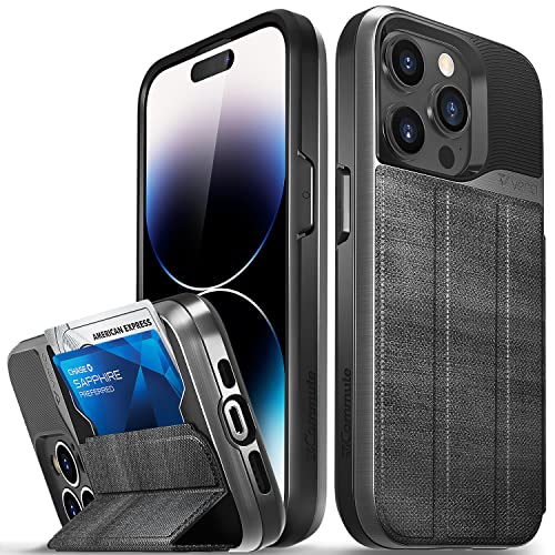 VENA vCommute Wallet Case Compatible with Apple iPhone 14 Pro (6.1-inch) (Military Grade Drop Protection) Flip Leather Cover Card Slot Holder with Kickstand - Black Slate