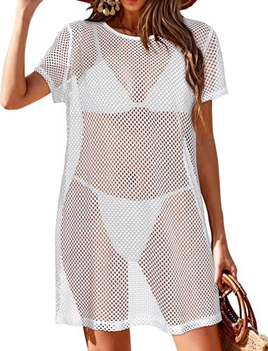 CHICGAL Womens Bathing Cover Ups Knit Bikini Short Sleeve Swimsuit Coverup Summer Swimwear Hollow Out Beach Dress