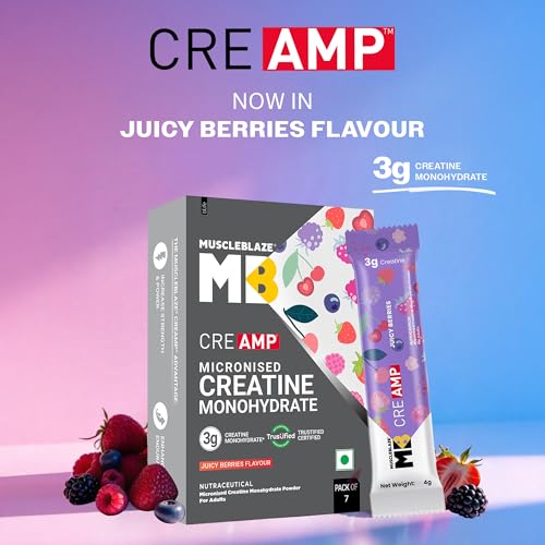 Image of MuscleBlaze Micronised Creatine Monohydrate CreAMP Powder, 7 Sachets | Juicy Berries | Trustified Certified Creatine