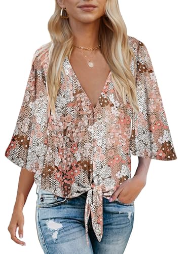 Bluetime Womens Summer Tops Boho 3/4 Sleeve V Neck Tie Front Shirts Casual Floral Blouses