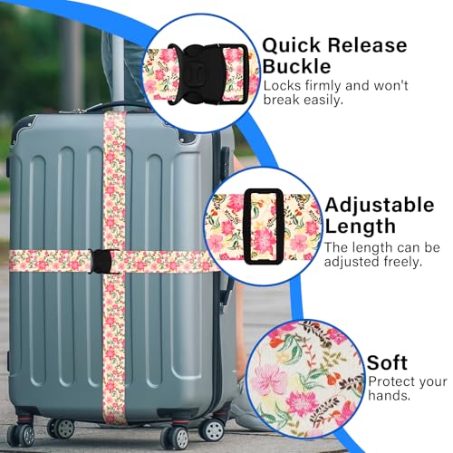 Image of Luggage Straps for Suitcases, Travel Adjustable Belt with Quick Release Buckle, Heavy Duty Nylon Bag Packing Strap, Unique Bright Identifiers Business Travel Accessories (2 Pack) - Pink Flowers