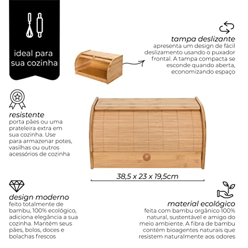 Mimo Style Porta Pães Com Tampa Retrátil Bambu Ecokitchen. Perfeita Para Armazenar Pães e Bolachas,