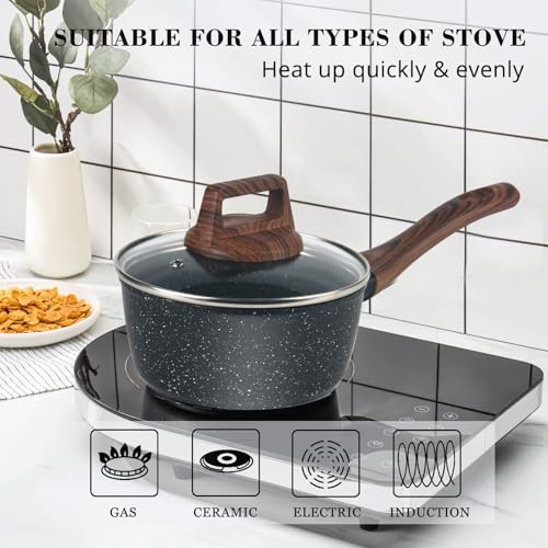 Wellhouse 16cm Nonstick Saucepan with Lid Induction Small Granite Saucepan Saute Pan Sauce Pot Small Cooking Pot for Electric Gas & Induction Hobs - Image 4