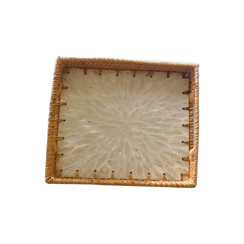 Bandeja de Mimbre de ratán Rectangular con Base de Madera con Incrustaciones de nácar y asa de inserción para Frutas, Bandeja de Mesa de café, Cocina,B/S
