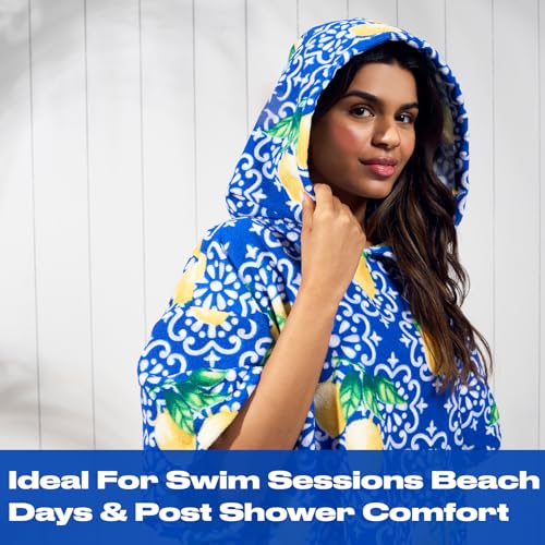 OHS Adult Changing Robe Hooded Towel, Soft Absorbent Lemon Tile Print Beach Towel Poncho for Travel Pool Quick Dry Lightweight Oversized Swimming Towels for Women, Blue/White - Image 5