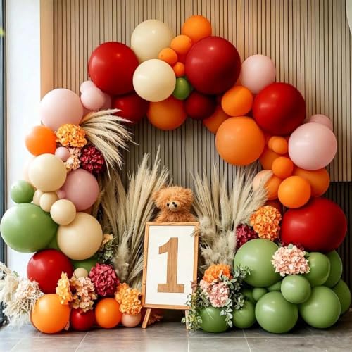 Image of Sage Green Orange Red Balloons Double Stuffed Fall Balloon Burnt Orange Pink Balloons Burgundy Sand White Balloon for Autumn Birthday Baby Shower Wedding Bridal Shower Party Decorations