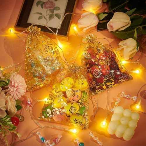 Image of XCLUSY 50PCS (13X18CM)(5x7 inchINCH) Potli Bags for Gifting - Multipurpose Wedding Return Gift Bags | Party Favour, Birthday, Anniversary, Festive Packing Pouches | Organza, Cloth, Brocade, Fancy Luxury Goodie Bags (GOLDEN, 1 Count(Pack of 50))