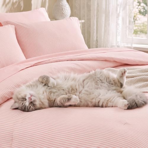 Image of Monbix Full Size Comforter Sets-7 Pieces Soft Bed in a Bag Full Bedding Set | Hot Pink Vertical Ticking Stripe Lightweight All Season Comforter Set with Sheets, Pillowcases & Shams