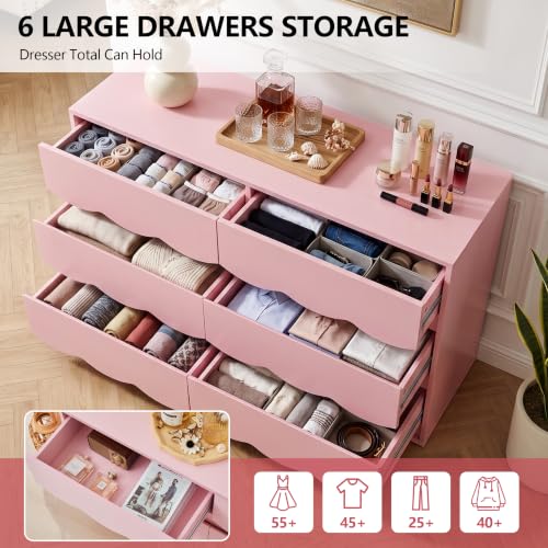 6 Drawer Dresser for Bedroom, 47.24" Wide Blush Pink Chest of Drawers with Wave Hidden Recessed Handles, Modern Wood Storage Dresser Cabinet for Girls Room & Living Room - Image 3
