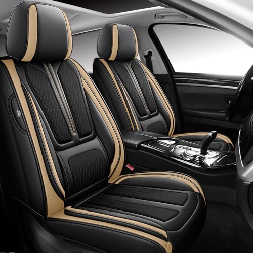Image of Seat Covers for Front Seat,Nappa Leather Car Seat Covers,Waterproof Universal Fit Car Seat Cushion,2 PCS Automotive Seat Protector for Most Sedans SUV Pick-Up Truck Sedans,Black&Beige