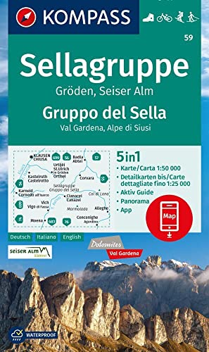 Produktfoto von KOMPASS Wanderkarte 59 Sellagruppe, Gröden, Seiseralm / Gruppo del Sella, Val Gardena, Alpe di Siusi 1:50.000: 5in1…