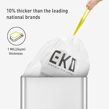 EKO EcoCasa II 36L+24L Dual Trash Can with Recycle Bin, Stainless Steel Garbage Can with Lid & Easy-Dispense Roll of 60 Count Extra-Strong Drawstring Kitchen Trash Bags - 13 Gallon