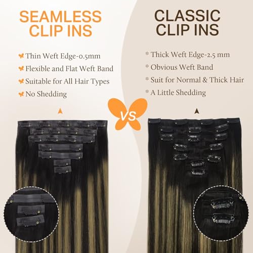 Image of DOORES Real Human Hair Extensions, Natural Black & Mixed Chestnut Brown, 110g, 7pcs, 14 Inch, Seamless Clip In, Straight, Invisi Edge