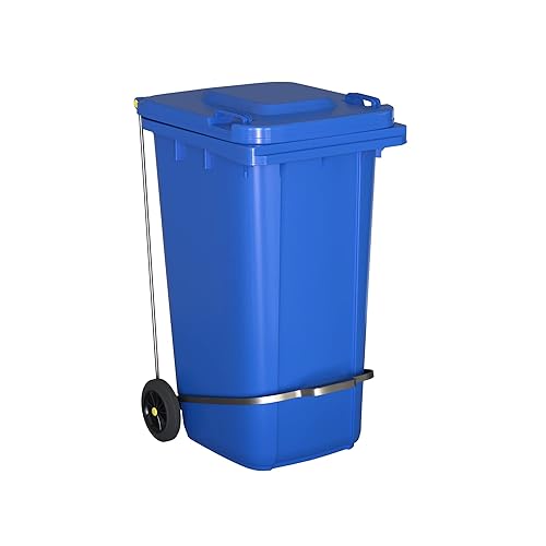 Miniatura 2 de Juego de 4 cubos de basura rectangulares con ruedas azules de 64 galones con tapa y accesorio para colocar