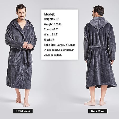 FashGudim Mens Hooded Robe Plush Shawl Collar Kimono Bathrobe Soft Warm Flannel Fleece Spa Robes House Coat Pajamas2