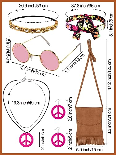 AOTHSO 8 Piece 70s Women Hippie Costume Peace Sign Earring Necklace Headband Dress Leg Sleeves Tassel Bag for Halloween Disco - Image 3