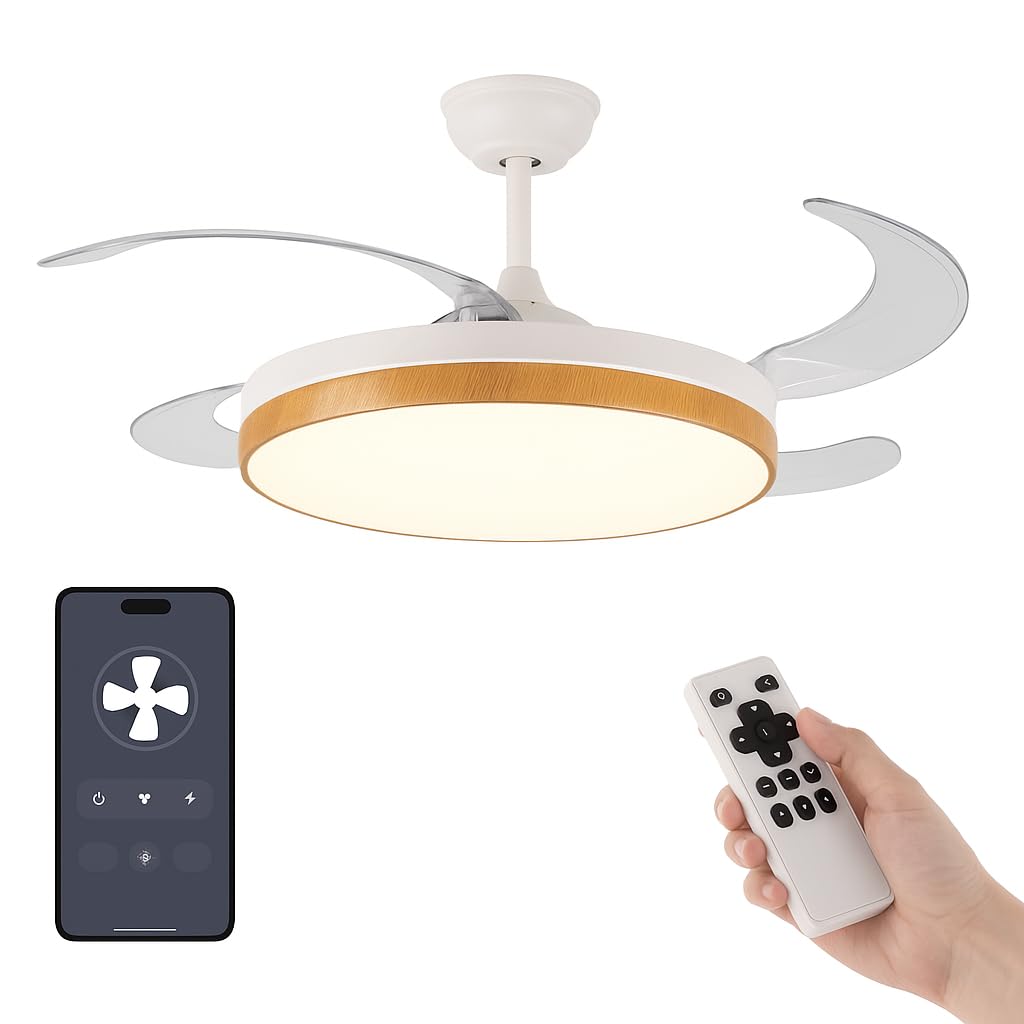 DC Ceiling Fan with Adjustable LED Light Trace Retractable 4 Blades – Timer, Winter Summer Control, 3 Light Shades, Breeze Mode, Low Consumption (Haya/Wood, 91D)