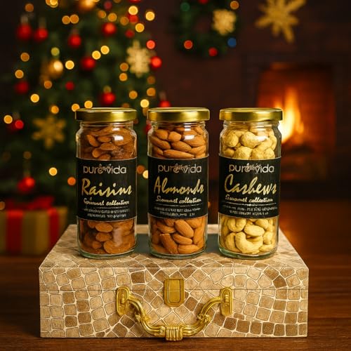Image of Purevida Premium Dry Fruits Gift Box | Festive Pack of 3 Jars (Almonds, Cashews, Raisins) | 100% Natural, No Preservatives | Luxury Christmas & New Year Hamper | Corporate & Festive Gifting (300g)