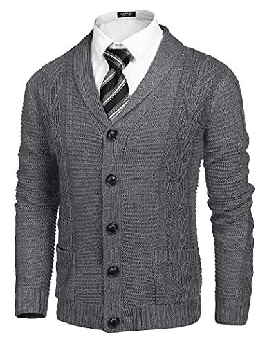 COOFANDY Mens Cardigans Sweaters Shawl Collar Long Sleeve Regular Fit Casual Knitted Sweaters with Pockets Grey