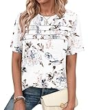 PLMOKEN Tshirt Damen Sommer - Tunika Sommer Basic T Shirt Kurzarm Pleated Rundhals Oberteile Top Bluse Elegant Weiß Blumenmuster M