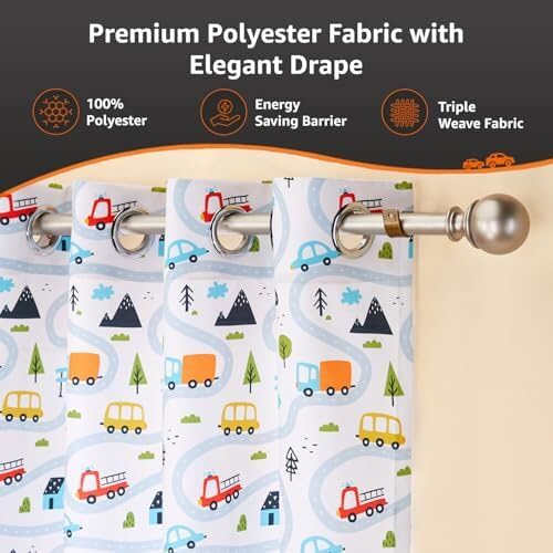 Image of Amazon Basics - Kids Room Darkening Digital Printed Window Curtains, 80-85% Room Darkening | 5 Feet |Set of 2| Digital Print | Kids Curtain |for Living Room and Bedroom | 115cmx 150cm, Design-Car