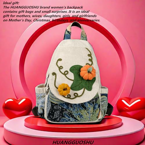 Image of Travel Bags for Women Mini Cute Boho Coquette Vintage Handmade Adjustable Strap Fashion Western Hemp College Backpack Hiking Bag Personal Item Travel Bag Pumpkin