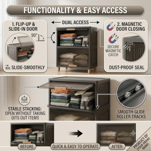 Image of YouCopia Collapsible Wardrobe, 5 Tier Foldable Plastic Clothes Storage Cabinet with Transparent Magnetic Doors, Dustproof Stackable Portable Wardrobe Organizer for Bedroom, Kids