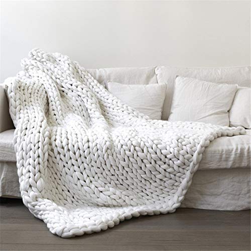 Couverture tricotée géante blanche 100x120 cm en maille épaisse pour canapé et lit